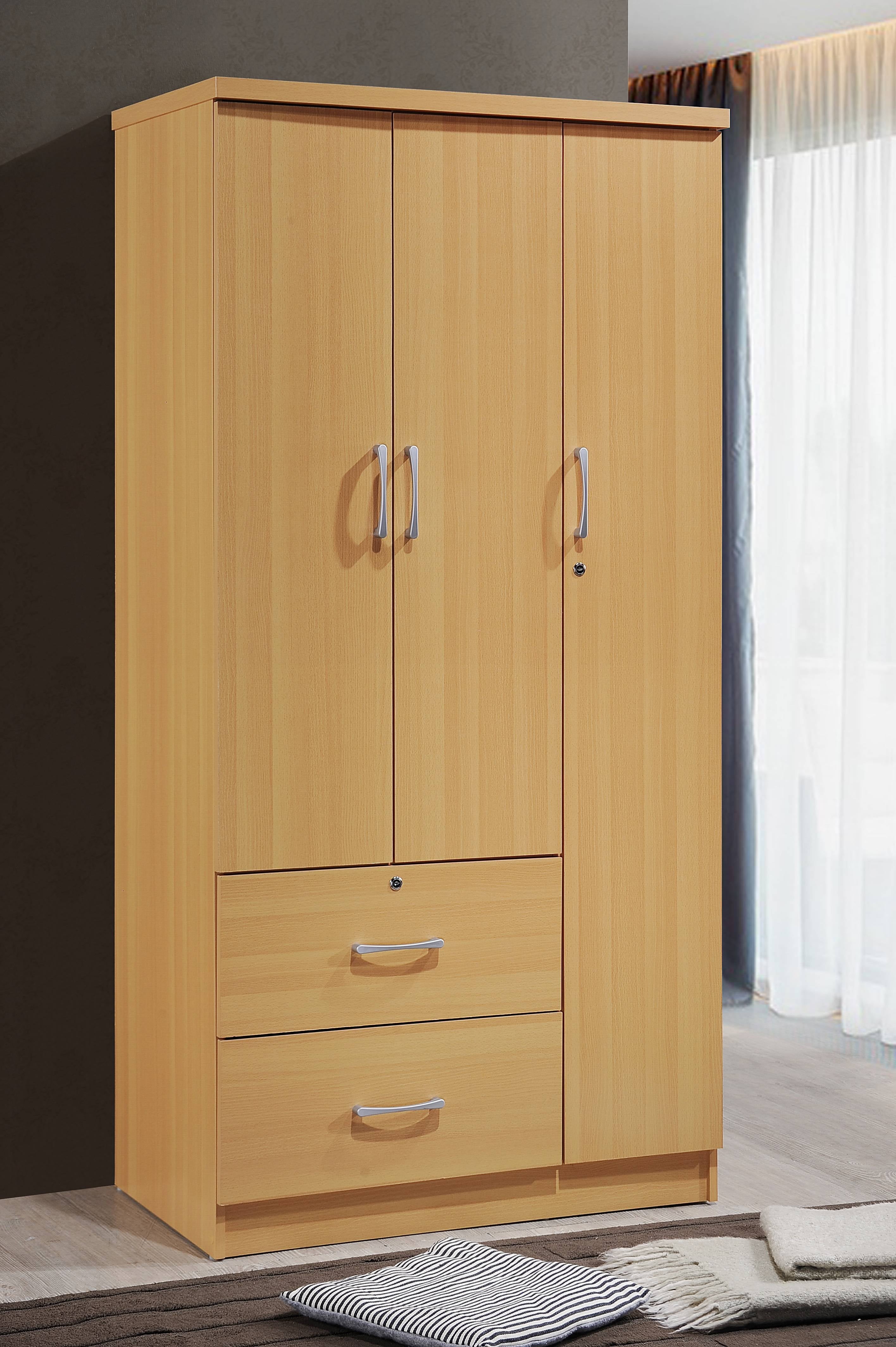 Hodedah 3 Door Bedroom Armoire with Drawers, White Finish