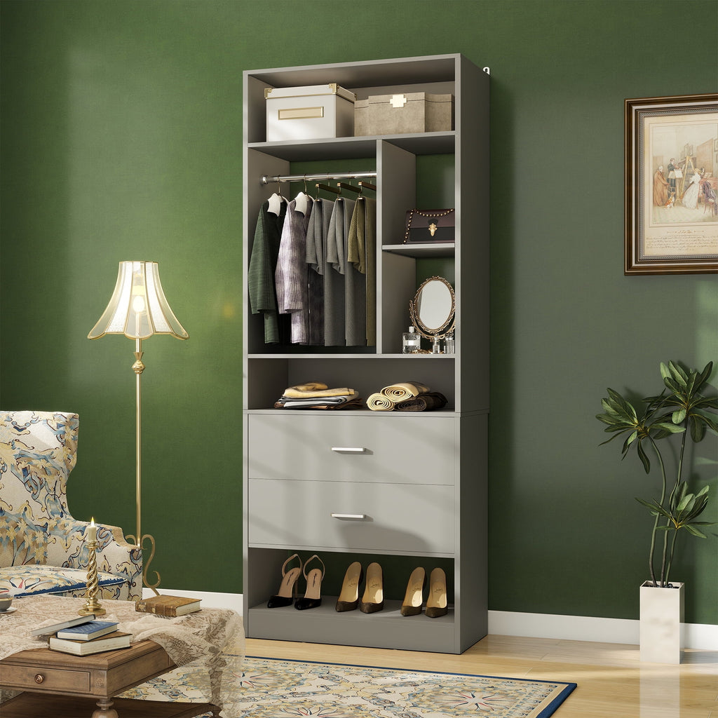 Homieasy Freestanding 24 Closet System with 2 Wood Drawers, 2FT Small Closet Organizer System with 6 Shelves & Hanging Rod, Walk-in Closet Systems for Small Closets, White