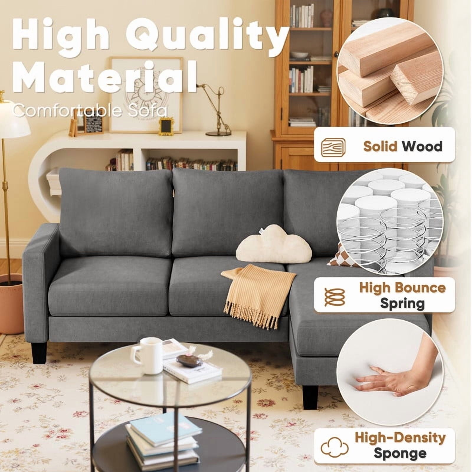Homall Convertible Sectional Sofa Couch, Modern Linen Fabric L-Shaped Couch 3-Seat Sofa Sectional with Reversible Chaise for Small Living Room, Apartment and Small Space, Light Gray