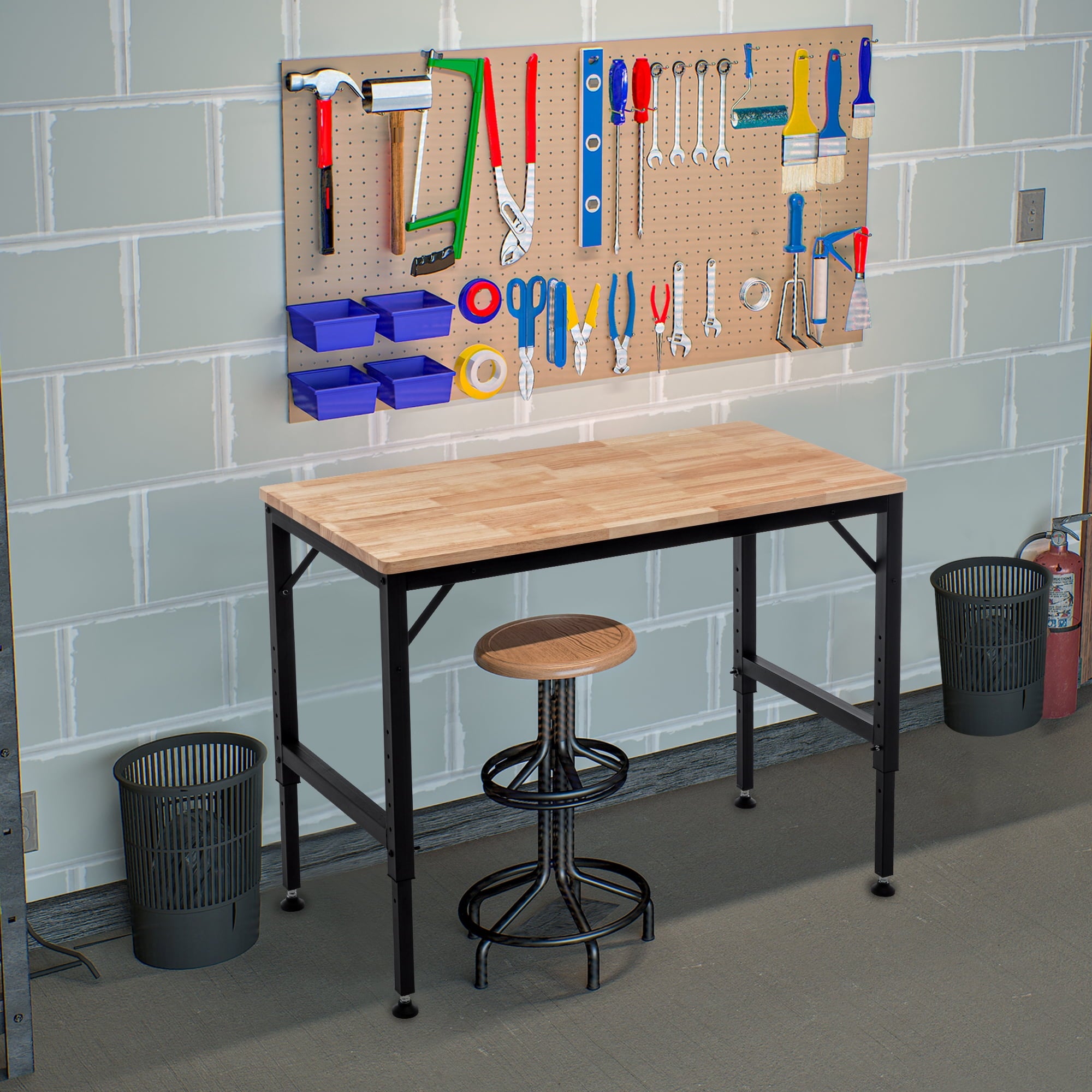 Black Metal & Wood 48 in Heavy-Duty Adjustable Workbench for Garage - 2000+ Lbs Capacity
