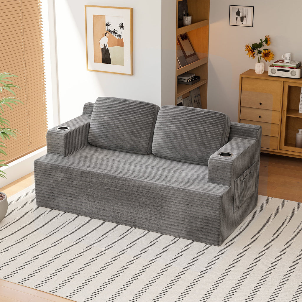Homall Cloud Boneless Corduroy Sofa Loveseat Double-seater Couch Lounge Floor Chair for Bedroom,Gray