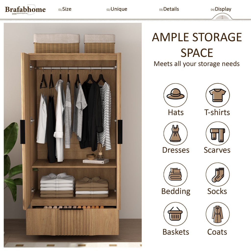 Brafabhome 67H Fluted Armoire Wardrobe Closet with Drawer, Wooden 2 Doors Wardrobe Cabinet with Hanging Rod & Adjustable Shelf for Bedroom | Whitewash