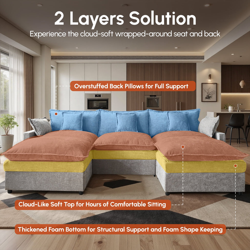 Ovios 108 Modular Sectional Sofa U-Shaped Cloud Couch with 2 Ottomans, Comfy Living Room Furniture, Chenille, Dark Blue