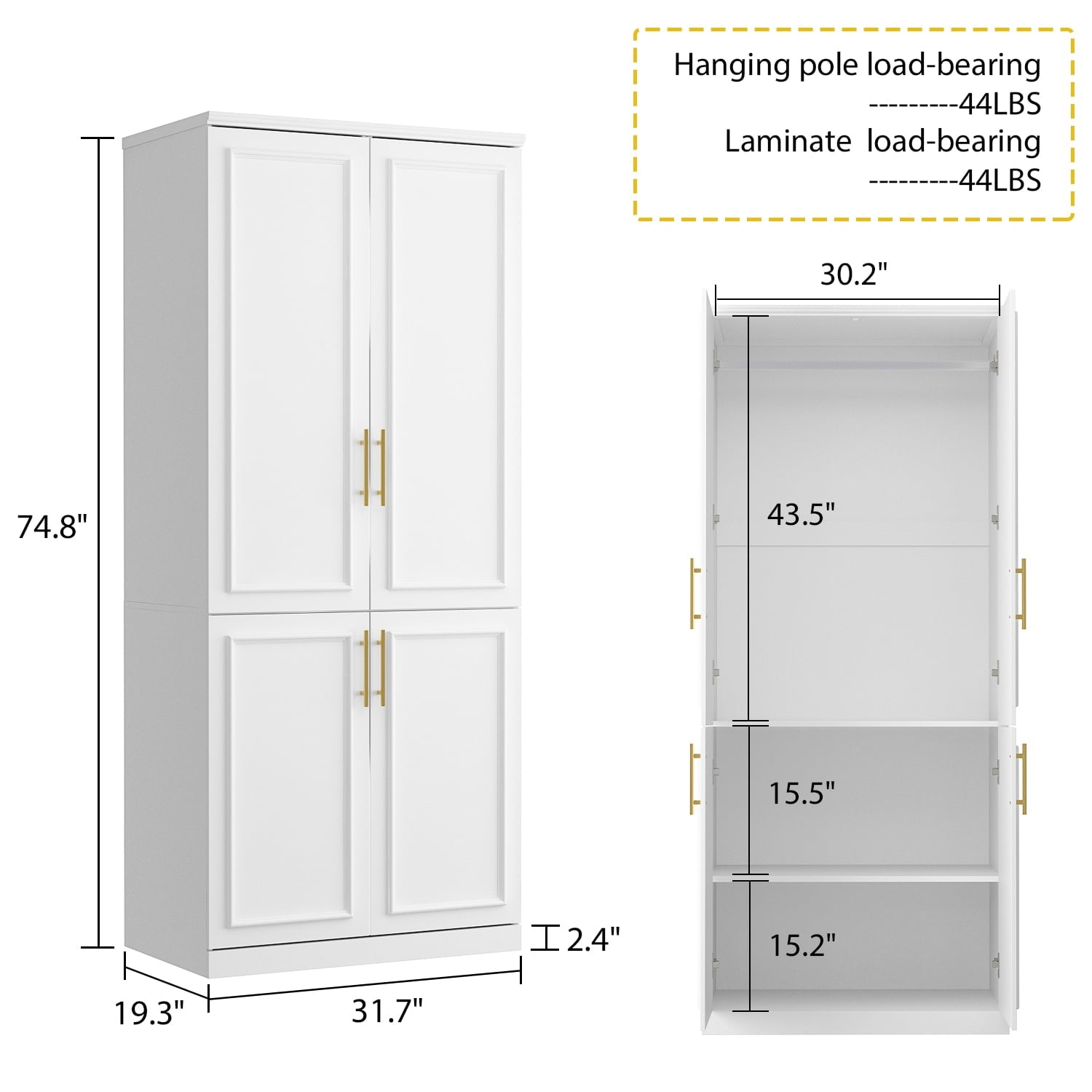 OxyLife 2 Door Wardrobe Armoire, White Closet Storage Organizer with Drawers and Shelves