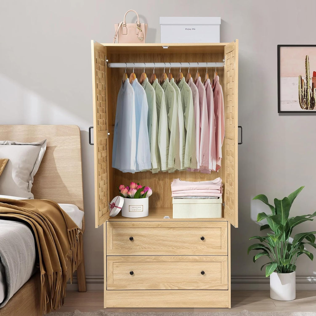 Wirrytor Freestanding Wooden Armoire Wardrobe with 2 Woven Doors and Storage Drawers, Space-Saving Closet Cabinet for Bedroom, Sturdy Mdf Board Closet with Hanging Rail