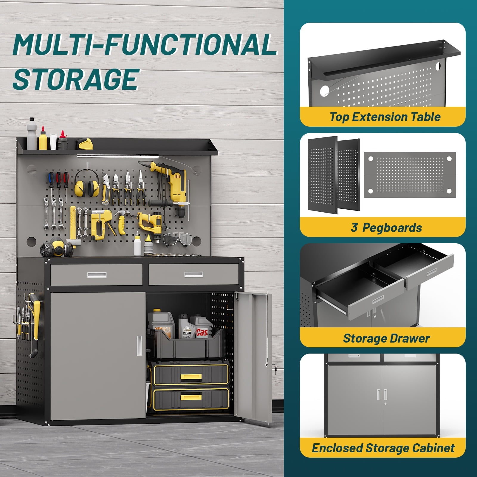 65 Heavy Duty Workbench with Drawers and Lockable Storage Cabinet- 2000 LBS Capacity Work Bench with Pegboard Organiser,Work Table with Adjustable LED Light for Garage,Workshop and Repair Shop