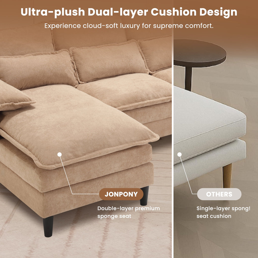 JONPONY109.45 U Shaped Couch,Oversized 4 Seat Sectional with 4 Waist Pillows, Convertible Upholstery Symmetrical Sofá,Sleeper Sofa Couch with Double Chaise Lounge &Memory Foam for Living Room, Beige