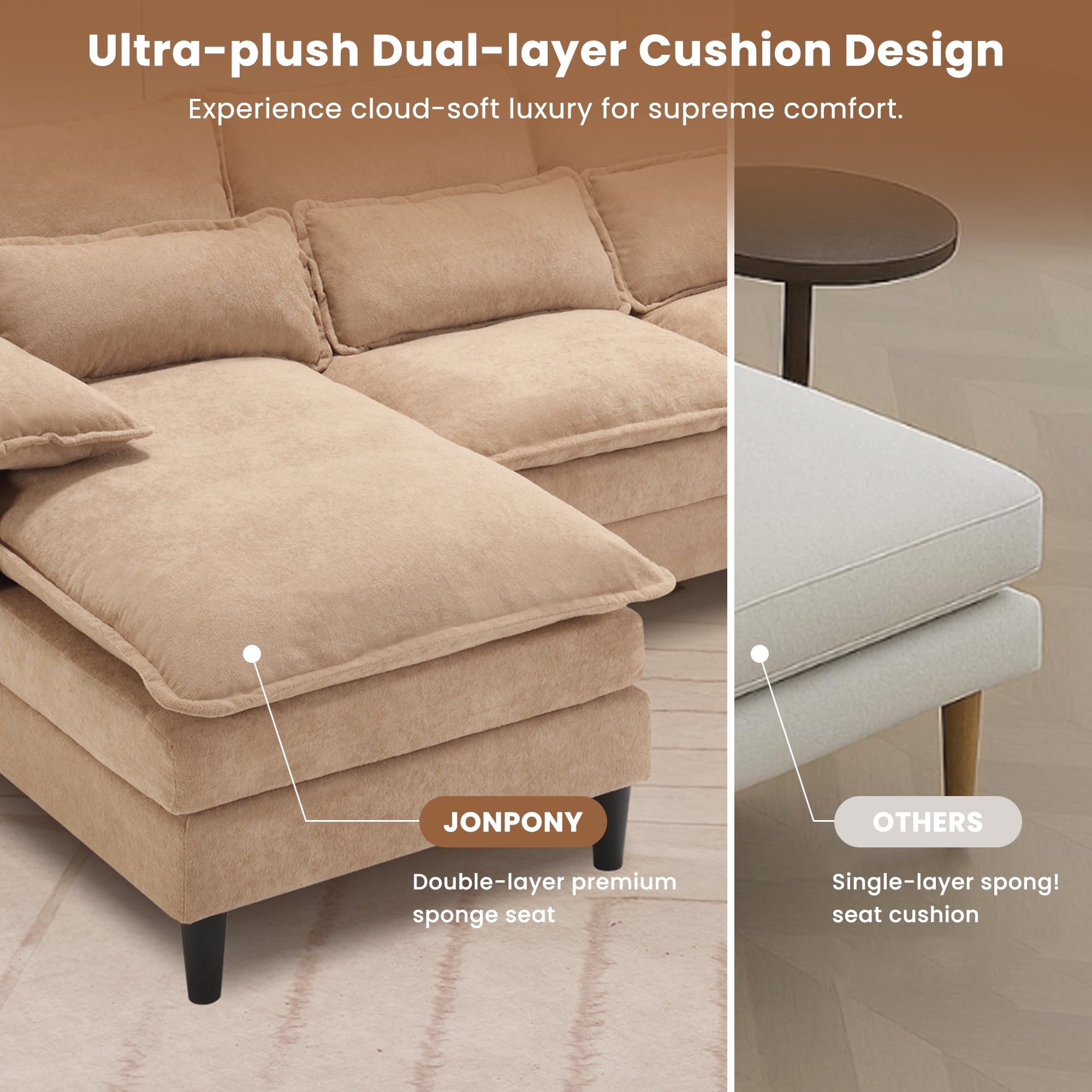 JONPONY109.45 U Shaped Couch,Oversized 4 Seat Sectional with 4 Waist Pillows, Convertible Upholstery Symmetrical Sofá,Sleeper Sofa Couch with Double Chaise Lounge &Memory Foam for Living Room, Beige