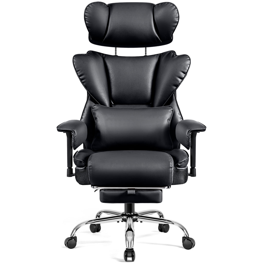 COOLHUT Big and Tall PU Leather Office Chair with Adjustable Headrest & Footrest, Executive Computer Desk Chair with 3D Adjustable Padded Armrest, Ergonomic Office Chair with Lumbar Support, Black