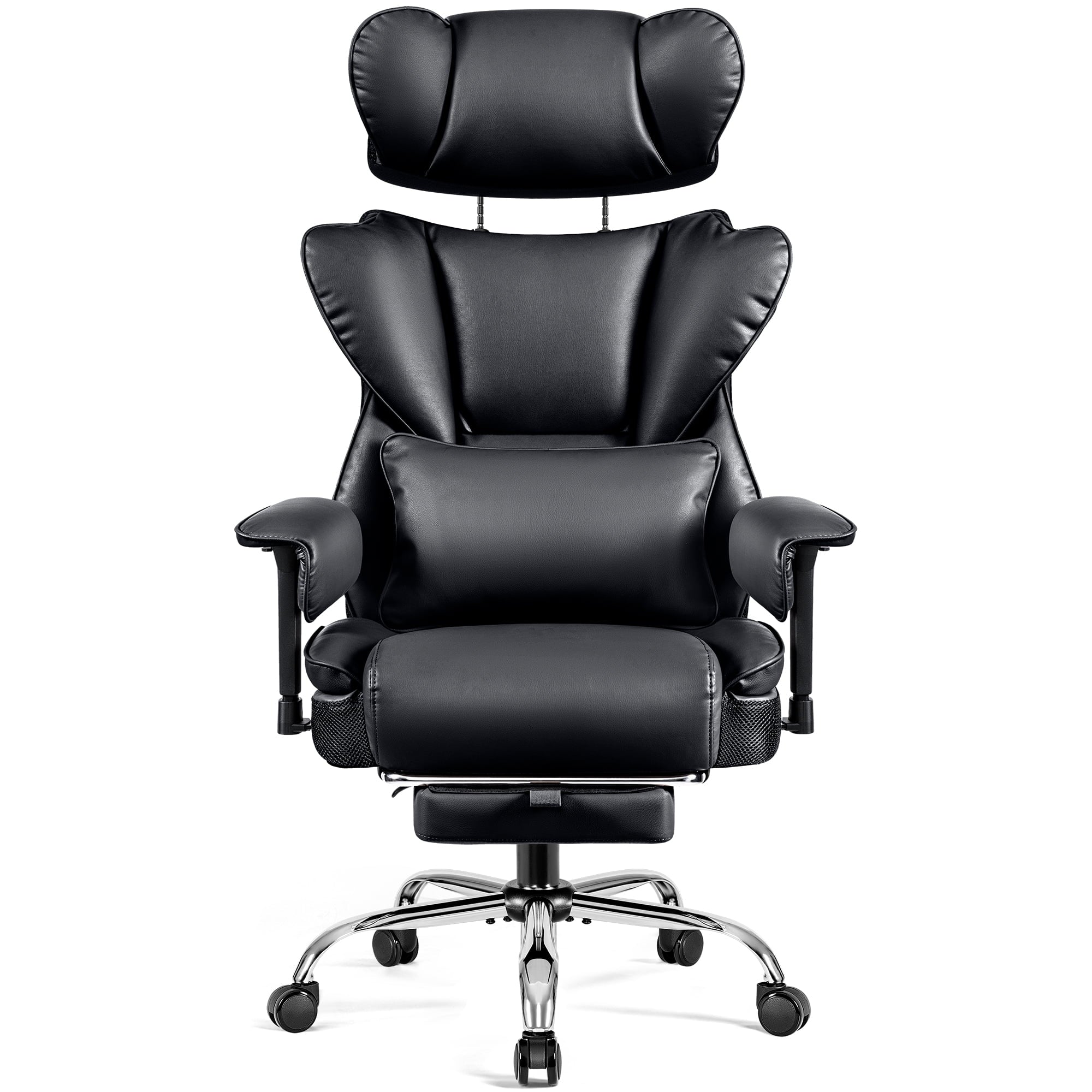 COOLHUT Big and Tall PU Leather Office Chair with Adjustable Headrest & Footrest, Executive Computer Desk Chair with 3D Adjustable Padded Armrest, Ergonomic Office Chair with Lumbar Support, Black