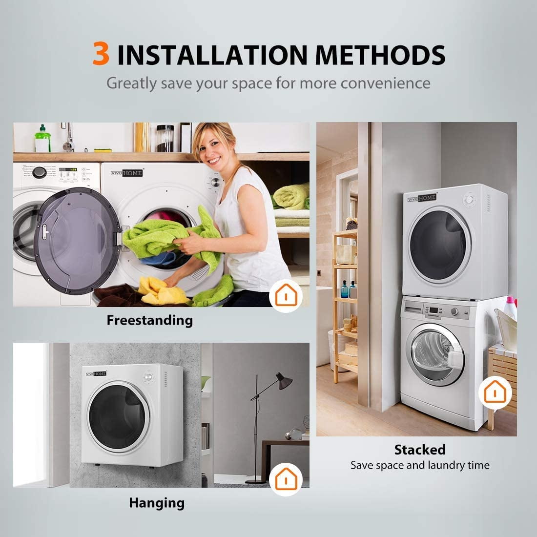 VIVOHOME 1500W Portable Clothes Dryer Machine, 3.5 cu.ft 13Lbs Load, Front Load with Stainless Steel Drum, Adjustable Exhaust Vent