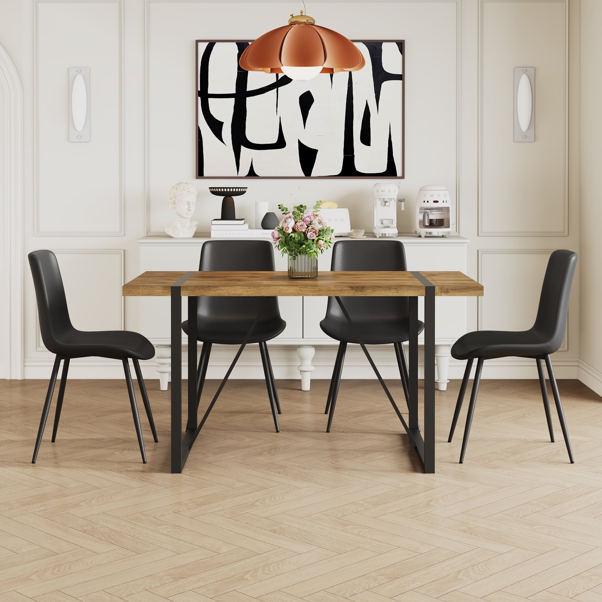 JUFU 55 Dining Table Set for 4, Modern Table and Chairs Set of 4, 5 Piece Dining Table Set Include Wooden Kitchen Table and 4 Faux Leather Chairs Ideal for Kitchen Dining Room Easy to Assemble
