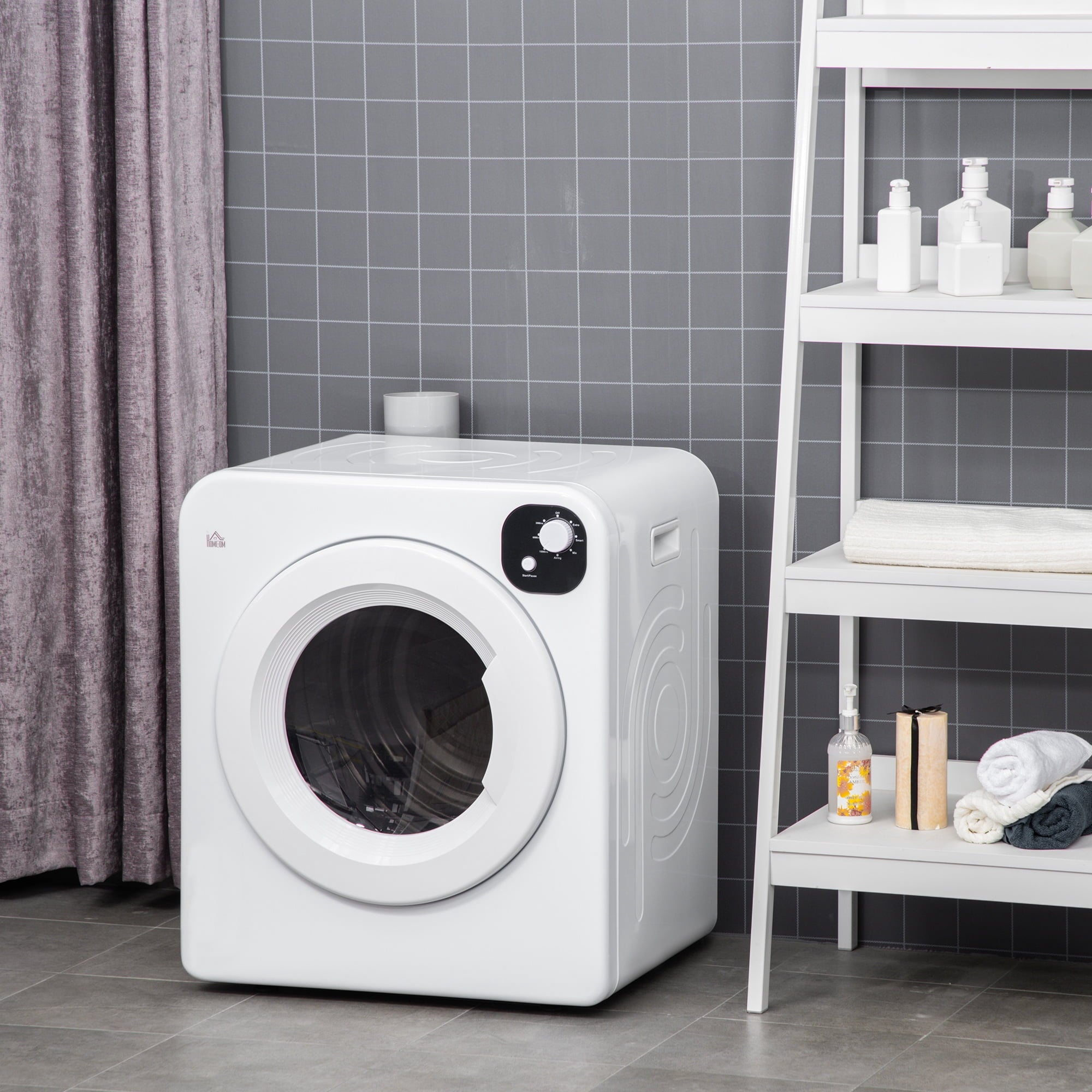 HOMCOM 1300W Compact Laundry Dryer with 3.2 cuft Stainless Steel Drum White