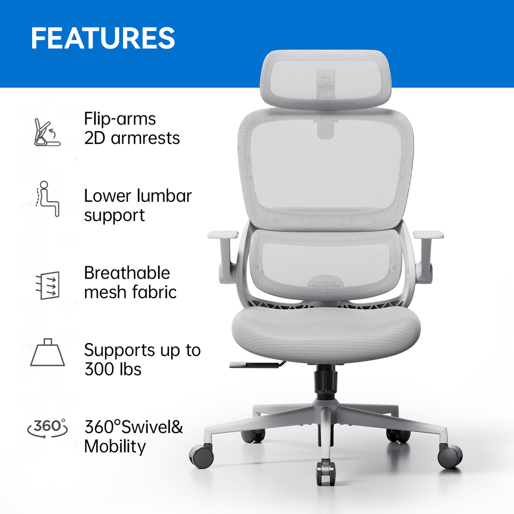 SIHOO B100 Se Office Chair, Executive Chair with Cotton Seat, Dual-Back Ergonomic Chair, 2D Adjustable Headrest & Flip Link Armrest, Comfort Mesh Chair for Home Office & Gaming, 265lbs, Gray