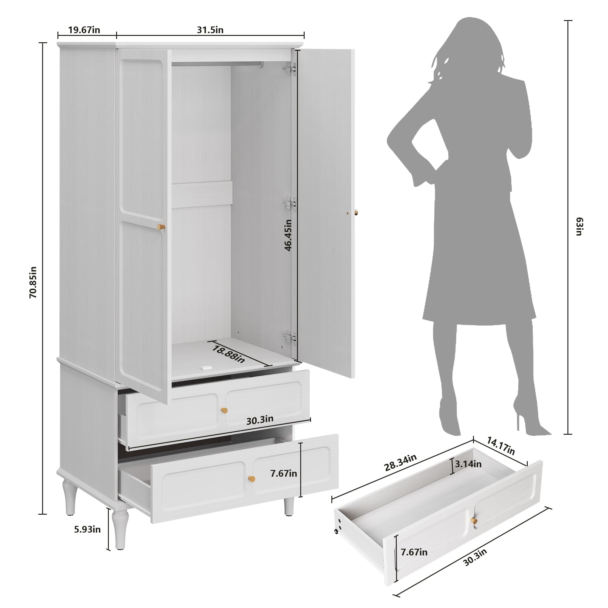 HLR 71 Tall Modern Wood Armoire Wardrobe Closet, Freestanding Cabinet with Hanging Rod for Bedroom, Brown