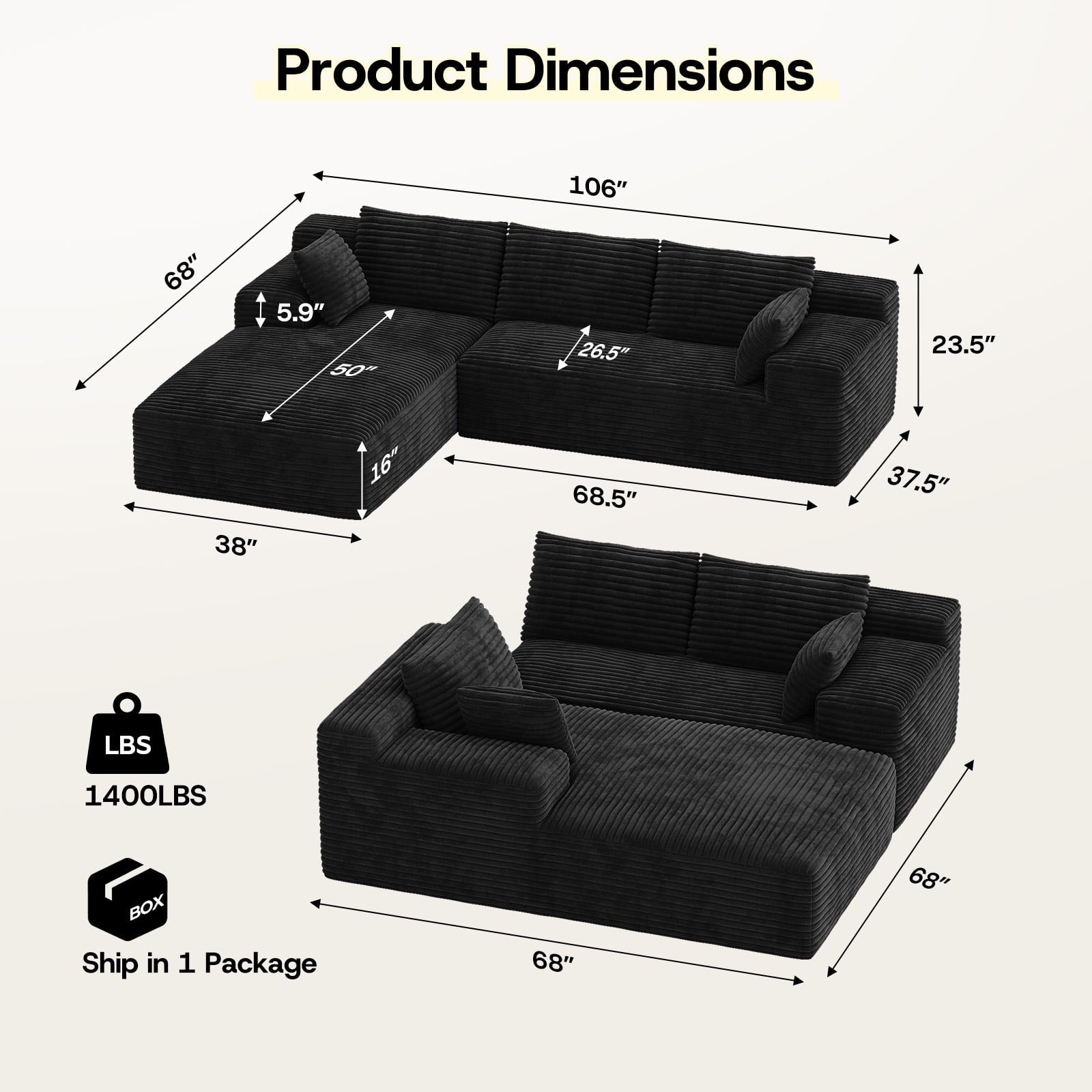 Patbrela 106 Sectional Couch for Living Room, L-Shaped Boneless Cloud Couch Corduroy Modern Sectional Sofa with Deep Seat and Thickened Cushion, No Assembly Required, Black
