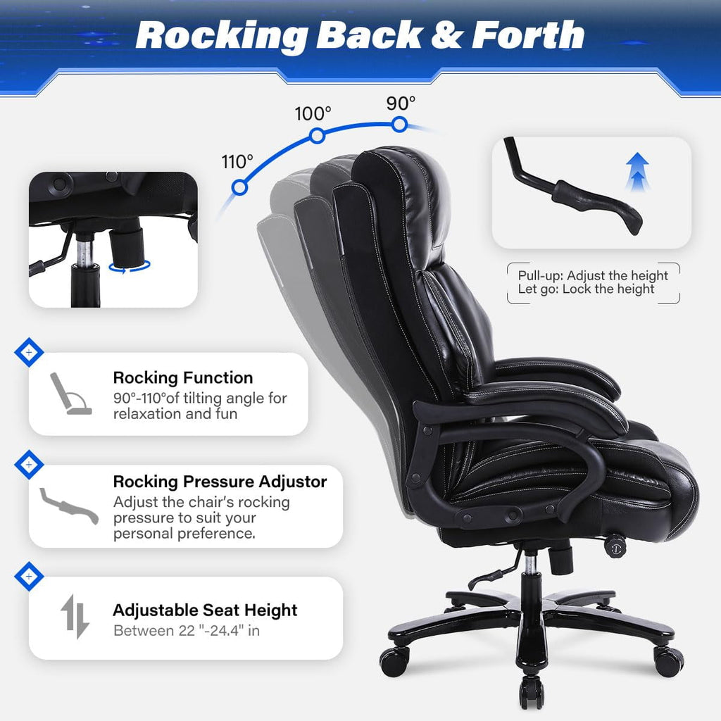 JONPONY Leather Office Chair, Big and Tall Office Chair 400LBS Wide Seat Ergonomic Computer Desk Chair High Back Executive Leather Chair Adjustable Task Chair Lumbar Back with 1-Year Warranty, Black