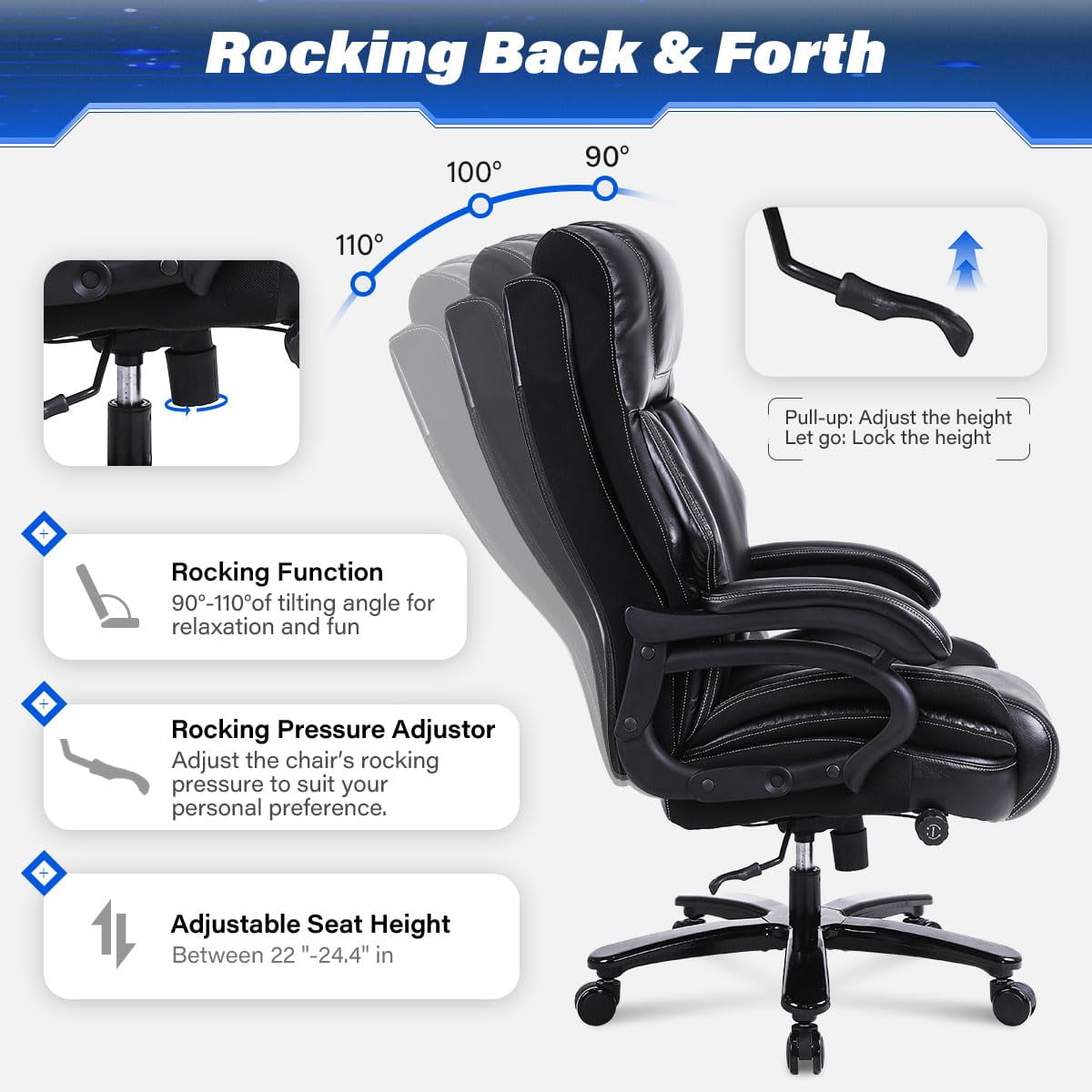 JONPONY Leather Office Chair, Big and Tall Office Chair 400LBS Wide Seat Ergonomic Computer Desk Chair High Back Executive Leather Chair Adjustable Task Chair Lumbar Back with 1-Year Warranty, Black