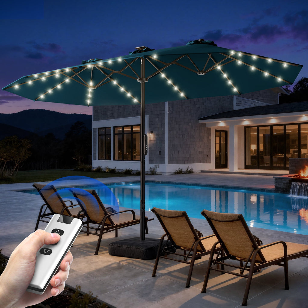 15ft Smart Electric Patio Umbrella, Large Double Sided Rectangular Outdoor Patio Umbrella with Light and Base for Lawn, Garden, Backyard,Beige