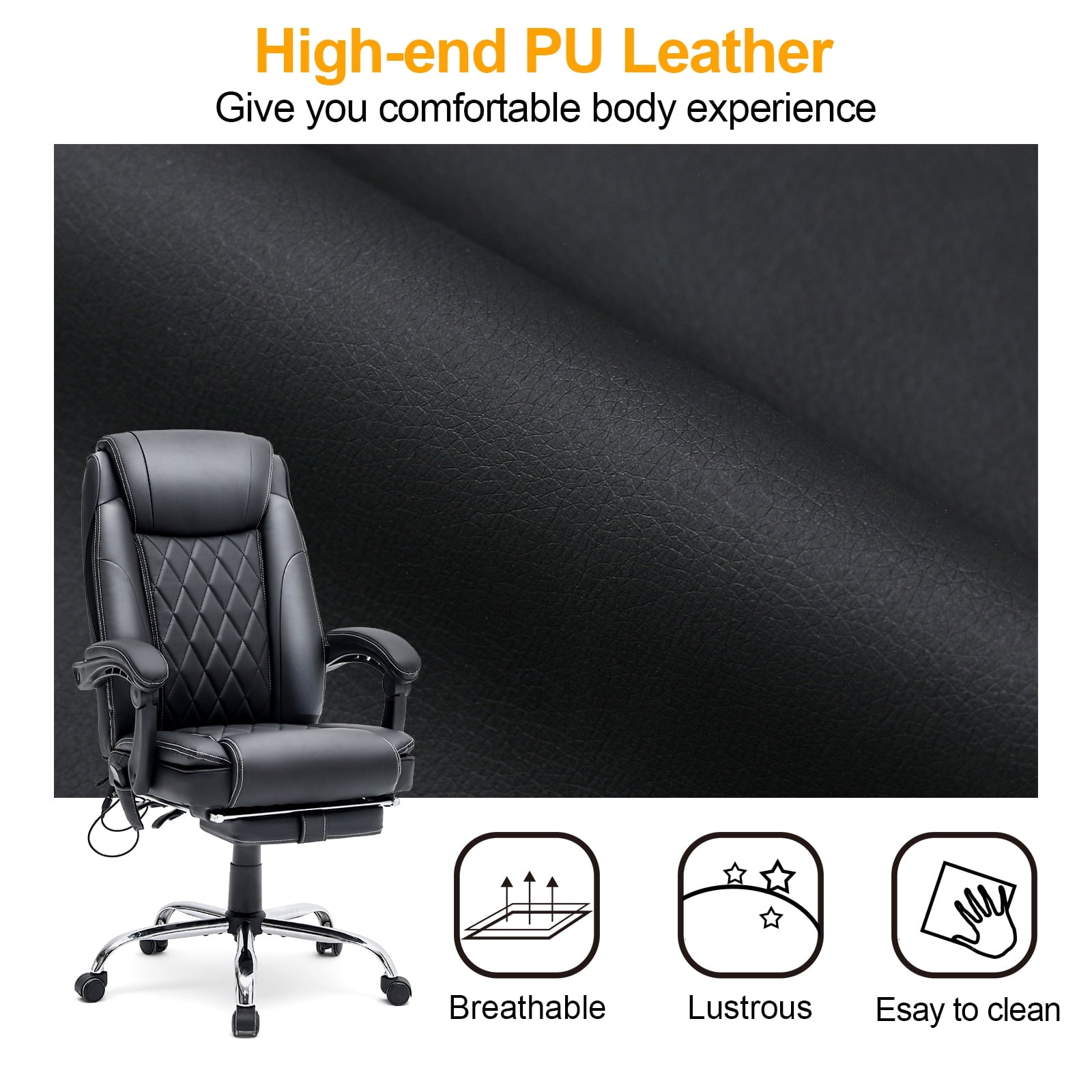 HOMREST Ergonomic Office Chair with 6-Point Massage & Heating, Adjustable Executive Desk Chair with Retractable Footrest, PU Leather Home Office Desk Chair for Home & Office (Black)