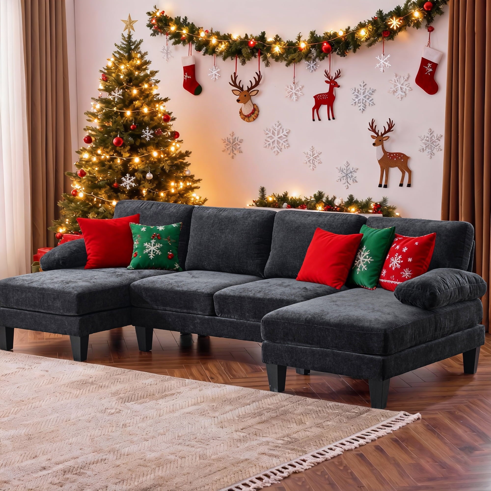 Ktaxon U-Shaped Sectional Sofa, 111  Chenille Couch, 4 Seat Lounge Sleeper with Double Chaise for Living Room Black