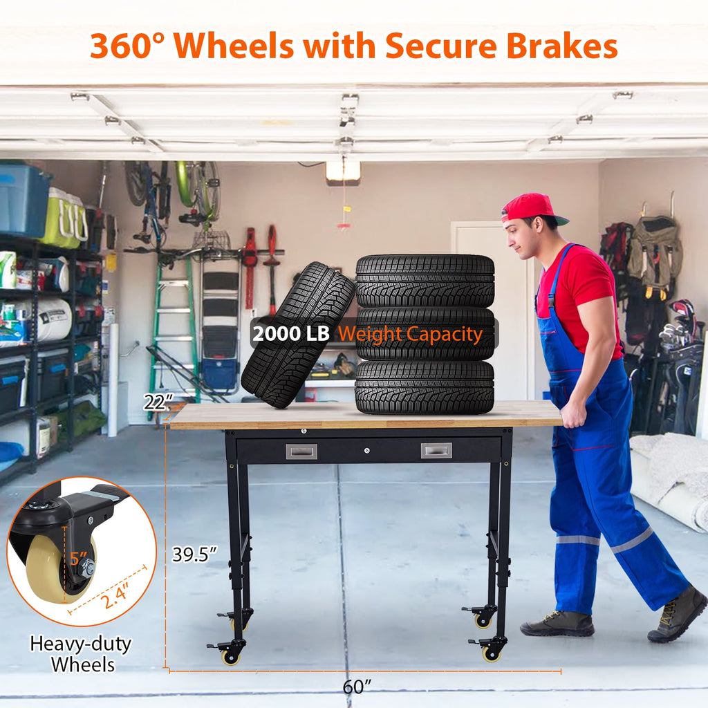 Garvee 60 x 22 in Garage Workbench with Rubber Wood Top & Cold Rolled Steel Structure, Work Bench with Drawer, Power Strip with 9 ft Cord