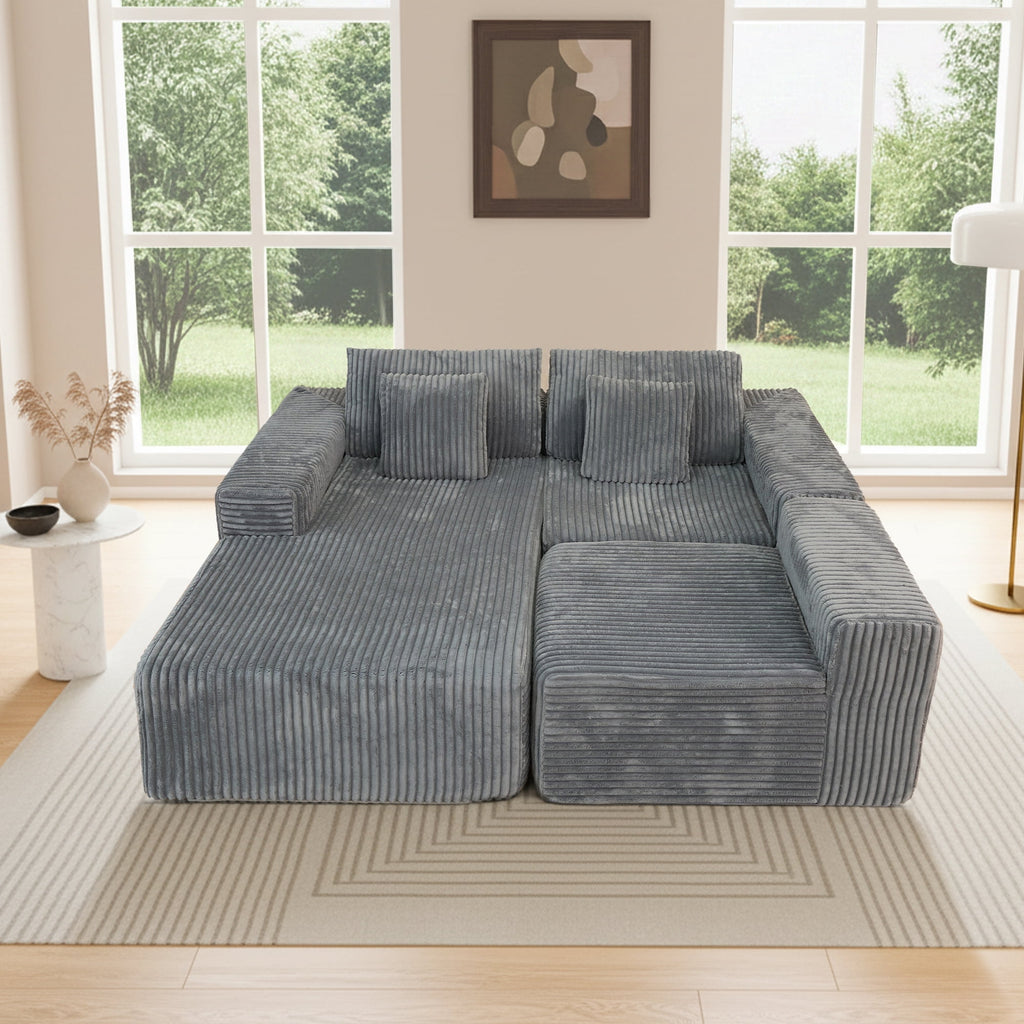 SOULART 138.5 U Shaped Sectional Couch,Gray Cloud Boneless Sofa For Living Room,Plush Corduroy Couches With Deep Seat Chaise Lounge,No Assembly Required