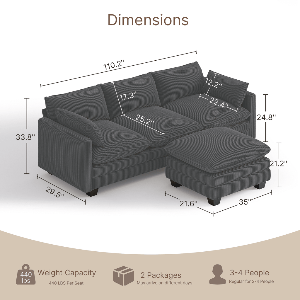 110'' Oversized L Shaped Couch for Living Room, Cloud Couches with Washable Corduroy Cover, Modern 4-Seater Comfy Deep-Seat Sofa with Movable Ottoman and 2 Throw Pillows for Apartment, Gray
