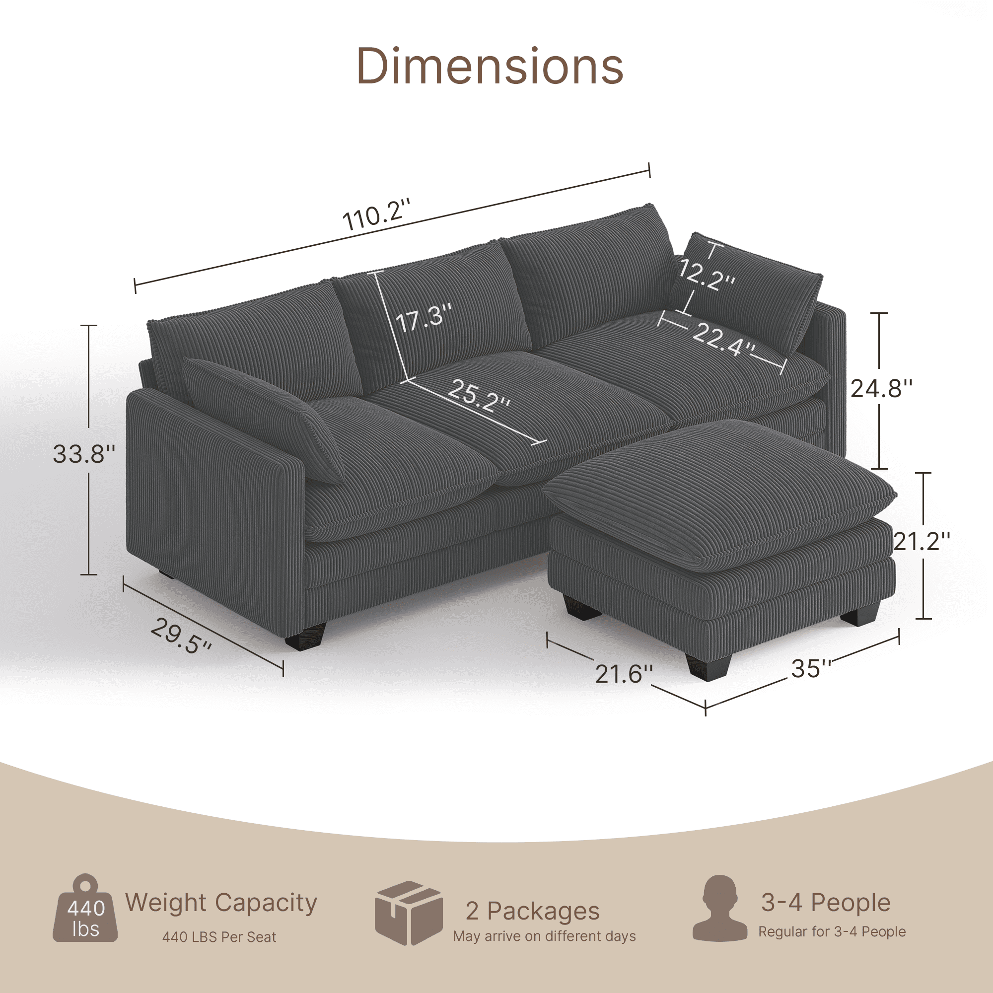 110'' Oversized L Shaped Couch for Living Room, Cloud Couches with Washable Corduroy Cover, Modern 4-Seater Comfy Deep-Seat Sofa with Movable Ottoman and 2 Throw Pillows for Apartment, Gray