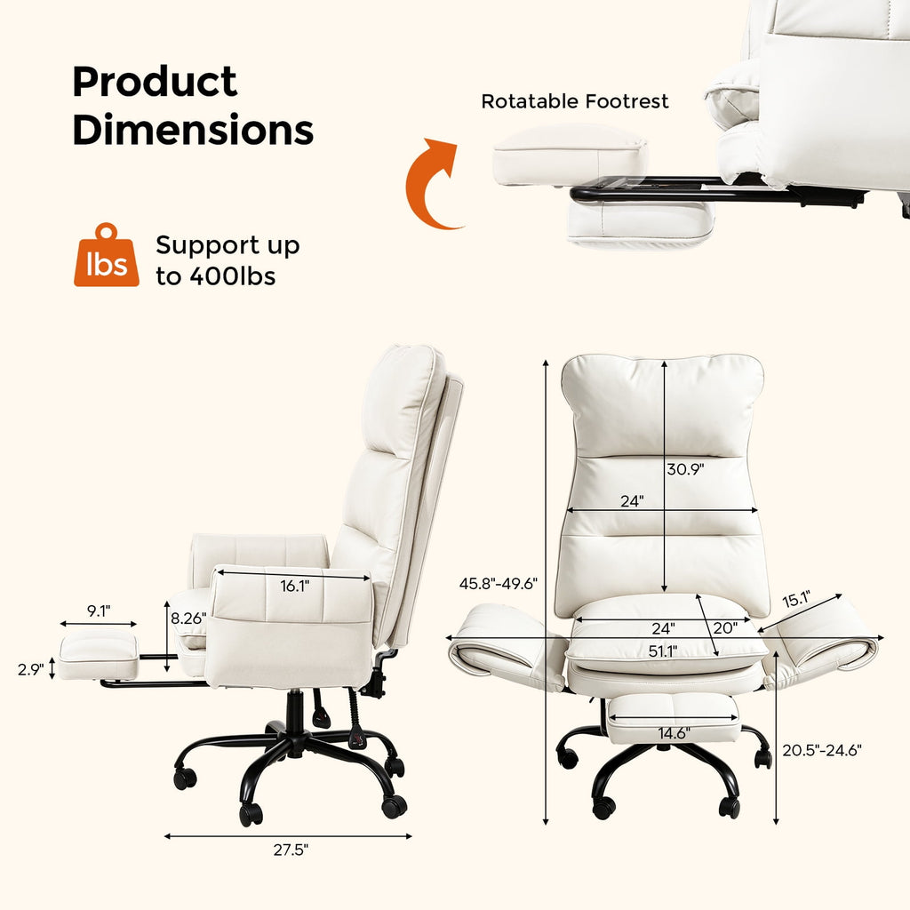 Patbrela Big and Tall Office Chair, PU Leather Swivel Desk Chair Ergonomic Computer Chairs with Adjustable Armrests, Black