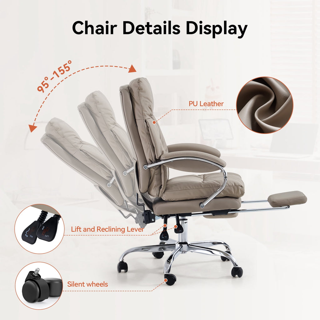 LEAGOO Reclining Office Chair with Foot Rest, Executive Office Chairs with Arms, Ergonomic High Back PU Leather Comfy Swivel Computer Desk Chairs with Wheels and Lumbar Support for Home Office, White