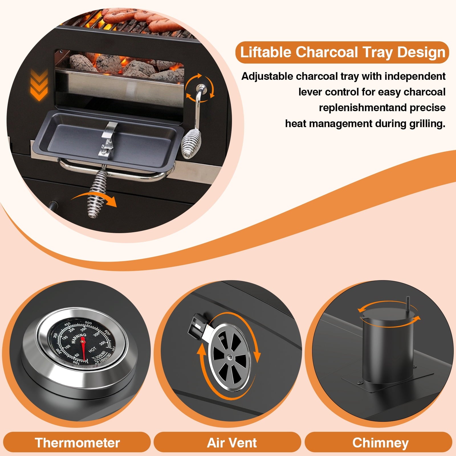 SIXDAY Extra Large Charcoal Grill with Dual Adjustable Charcoal Trays, 3 Enamel Cooking Grates, Chrome Warming Rack, 4 Wheels & Foldable Side Tables, Outdoor BBQ Smoker
