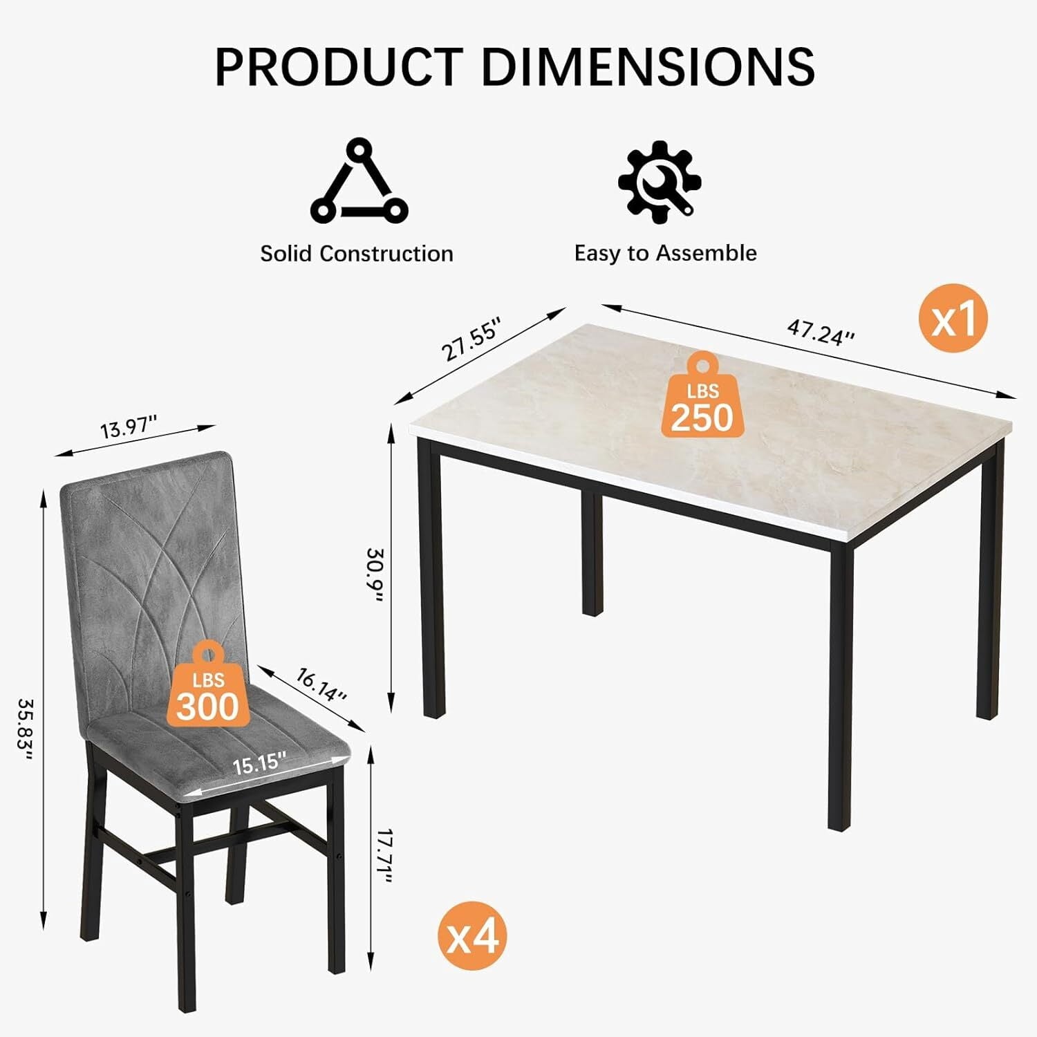 MOOSENG Dining Table Set for 4, Faux Marble Kitchen Table and Chairs Set of 4, 5-Piece Dining Room Set with PU Leather Upholstered Chairs for Small Space, Gray