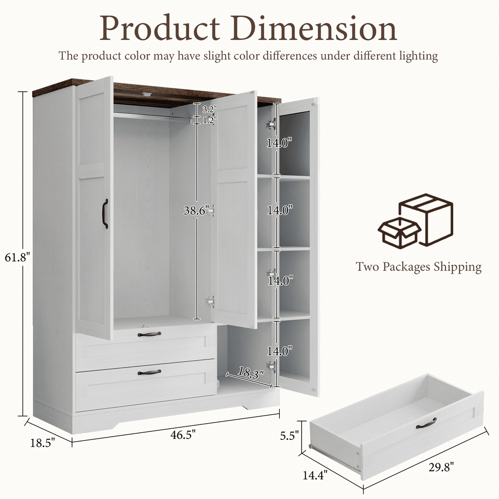 Brafabhome 71H Armoire Wardrobe Closet with 2 Drawers, Farmhouse 2 Doors Armoire Cabinet with Hanging Rod, Modern Freestanding Wardrobe Clothes Cabinet for Bedroom | Gray