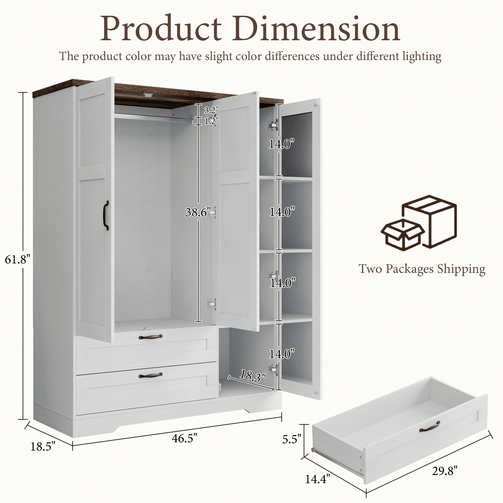 Brafabhome 71H Armoire Wardrobe Closet with 2 Drawers, Farmhouse 2 Doors Armoire Cabinet with Hanging Rod, Modern Freestanding Wardrobe Clothes Cabinet for Bedroom | Gray