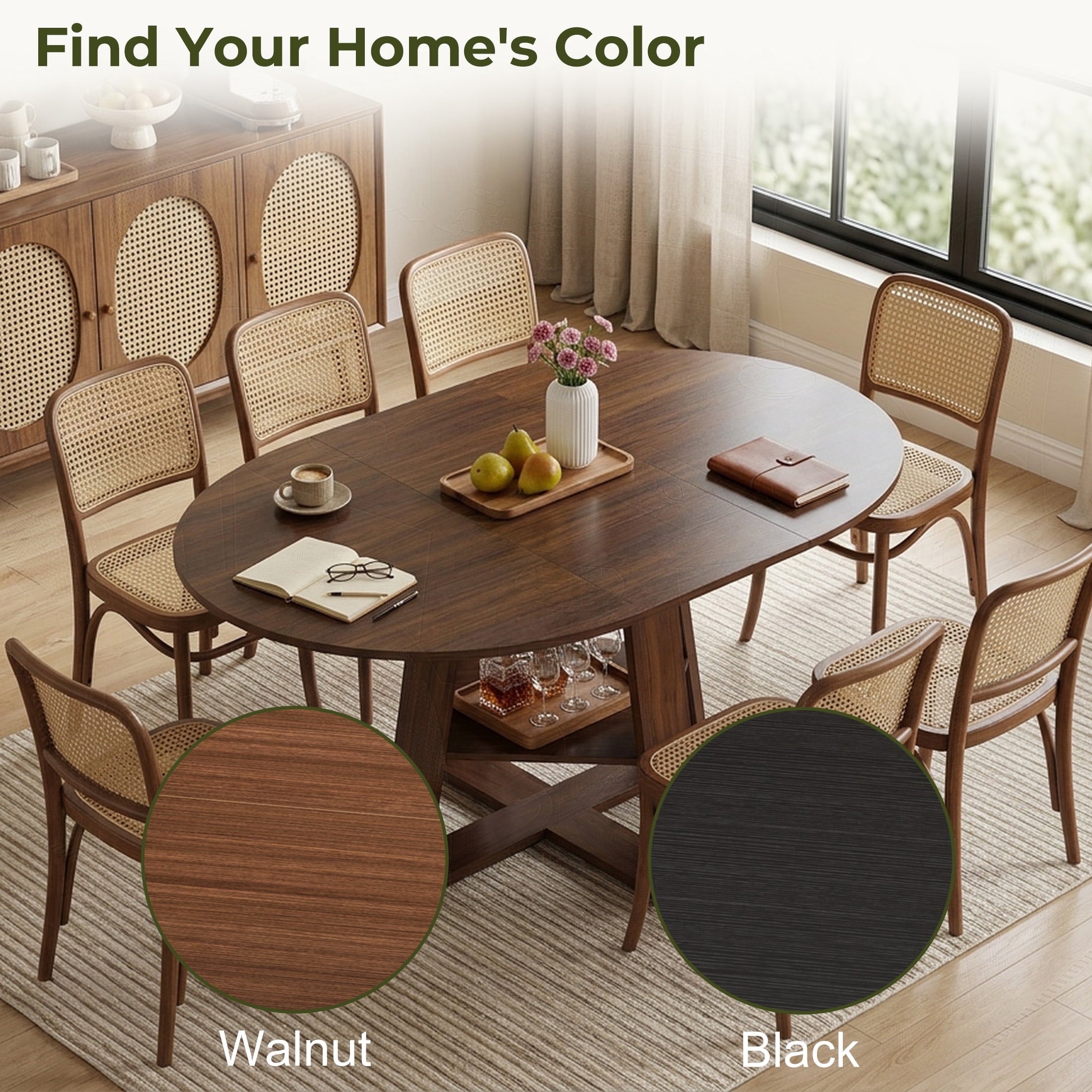 EDX 43.3″–59″ Extendable Round Dining Table for 4-8, Modern Oval Dining Table with Removable Leaves, Wooden Kitchen Table with Storage Shelf Base, Space Saving for Kitchen Living Room, Black