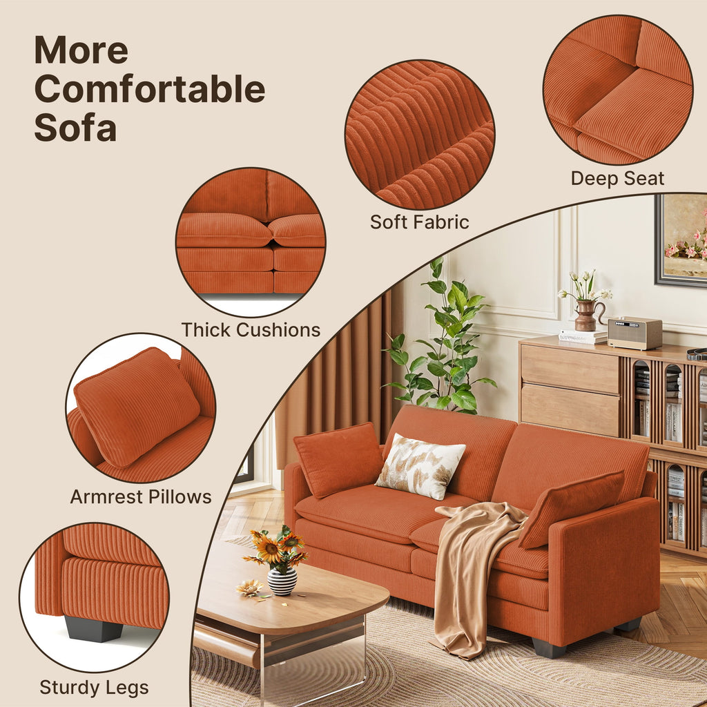 75’’ Cloud Couches for Living Room, Noelse L Shaped Modular Sofa with Deep Seats, 2 Seater Love Seat Couch with Removable Washable Corduroy Fabric for Living Room Bedroom and Apartment, Gray