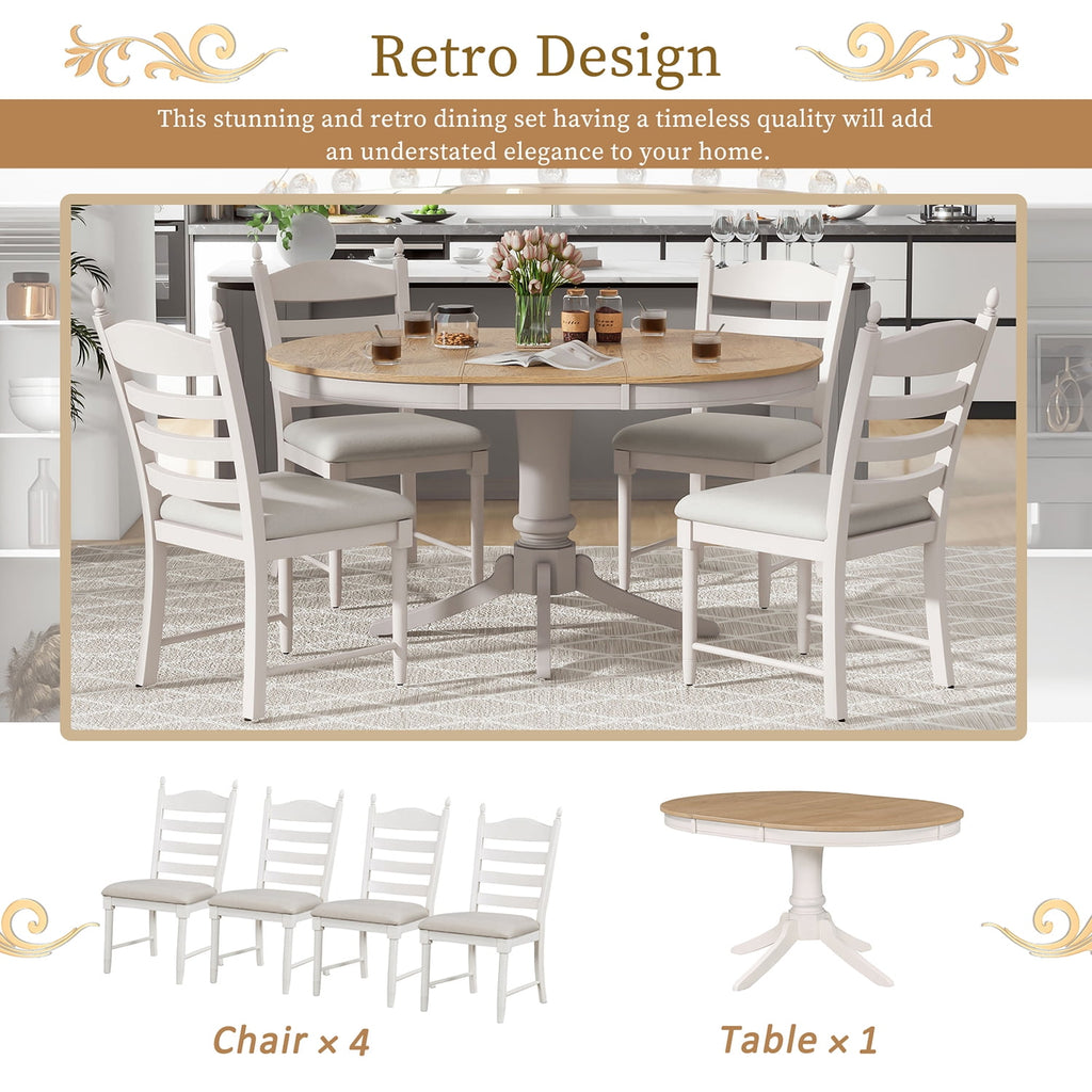 Harper & Bright Designs Farmhouse 5 Piece Kitchen Dining Table Set for 4, Solid Wood Extendable Round Dining Table Set and 4 Upholstered Chairs, Retro Dining Set for Kitchen, Natural Wood Wash