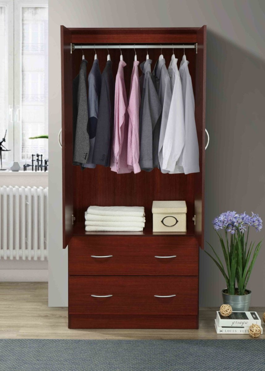 Hodedah Two Door Wardrobe with Two Drawers and Hanging Rod plus Mirror, Black