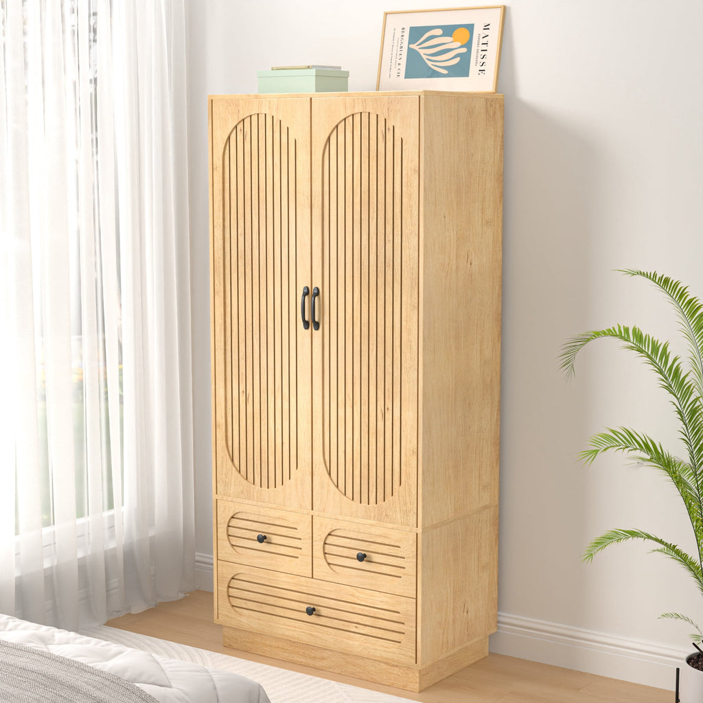 Wardrobe Closet with 2 Door & 3 Drawers, Freestanding Wooden Closet with Shelves and Hanging Rod, Bedroom