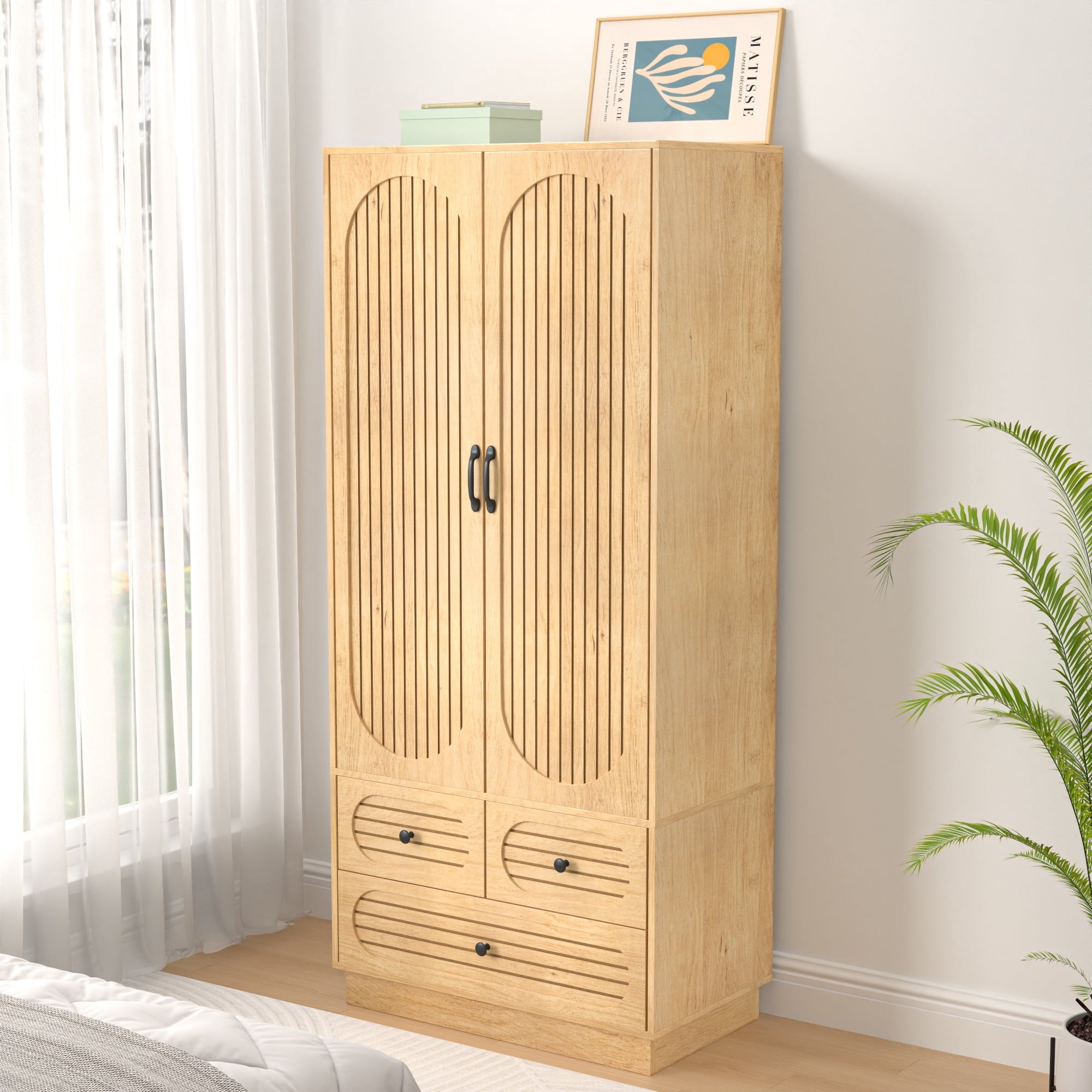 Wardrobe Closet with 2 Door & 3 Drawers, Freestanding Wooden Closet with Shelves and Hanging Rod, Bedroom