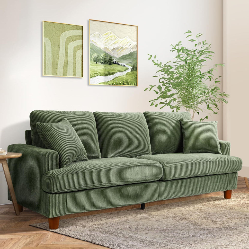 87 Corduroy Sofa,3 Seater Sofa with Extra Deep Seats,Neche Comfy Upholstered Couch for Living Room,2 Pillows,Green
