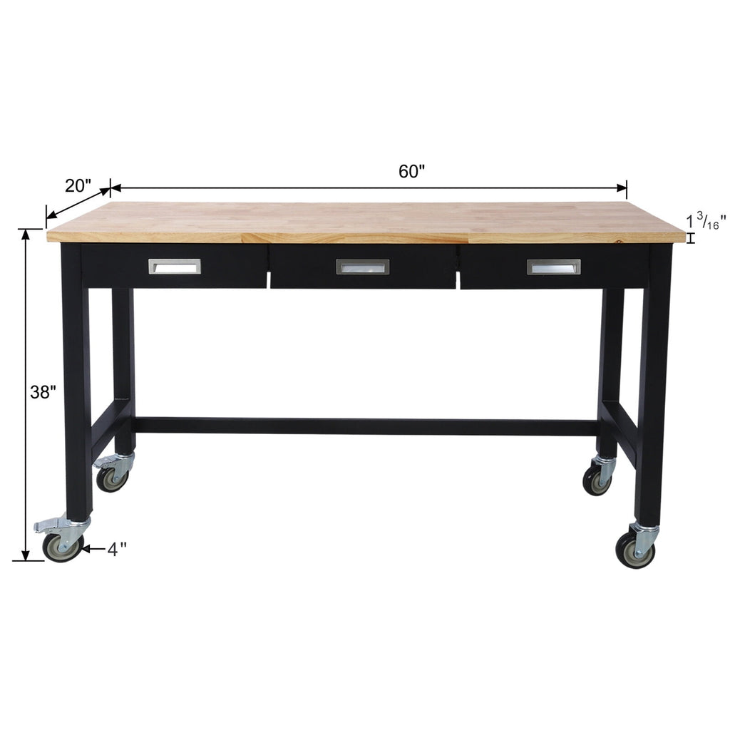 Office Desks 60in Work Bench, Workbench with Drawer Storage, Heavy Duty Bamboo Wood Work Table with Wheels for Garage Home Office,Wooden Office Desks
