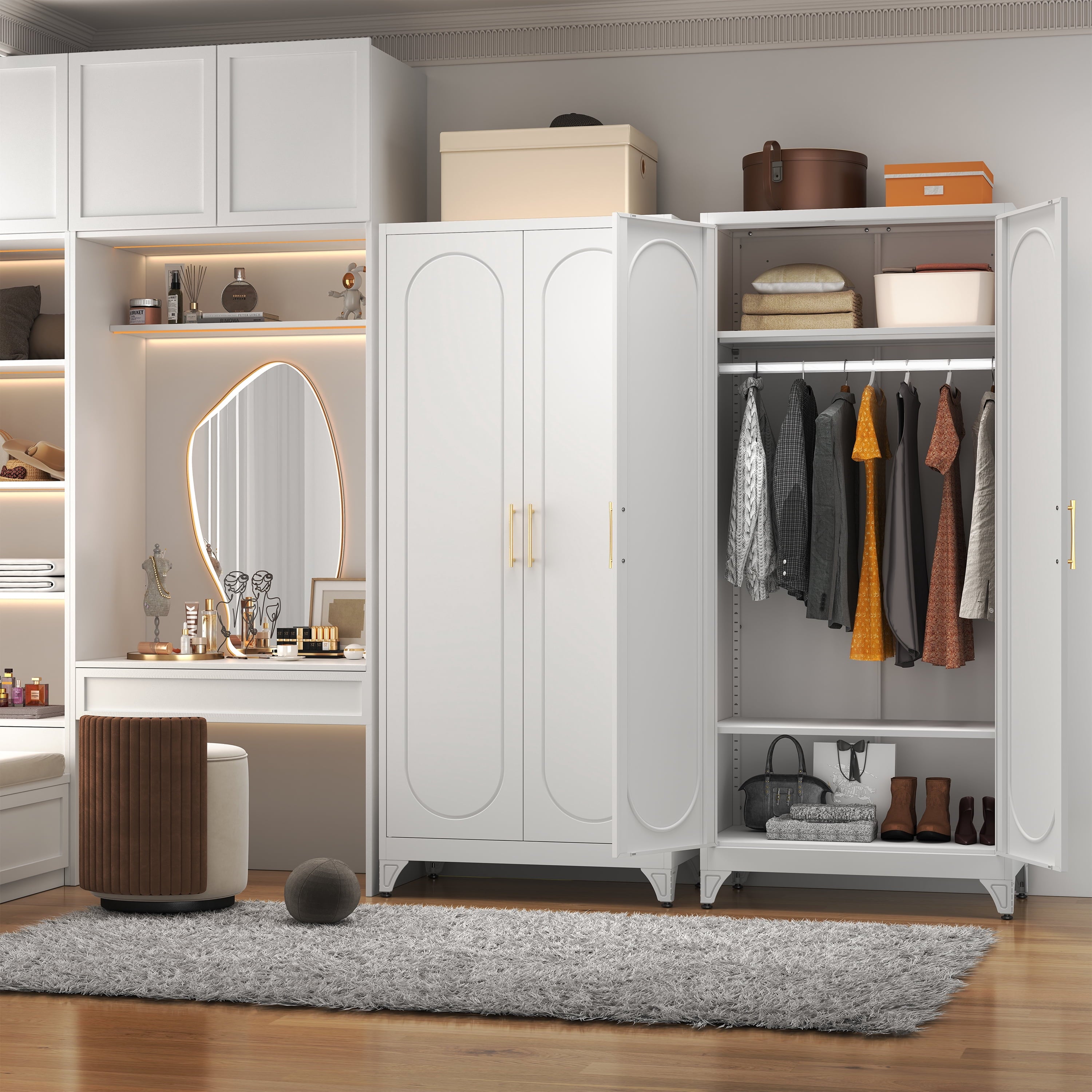 Polup 71 H Modern Metal Sturdy Armoire Cabinet with Shelves and Hanging Rod, Adult Bedroom Wardrobe Closet with Doors