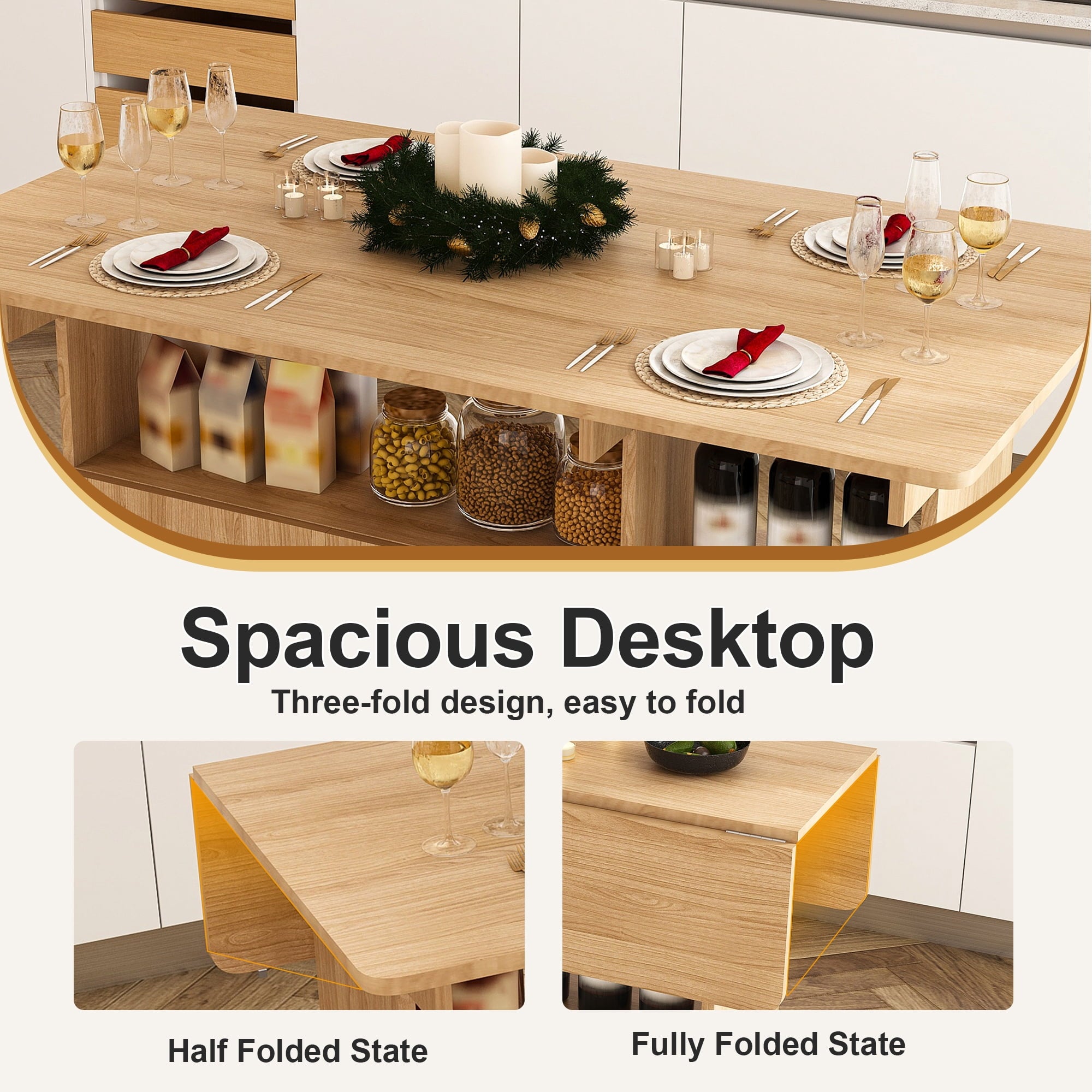 Wohh 47 Inch Folding Dining Table with Storage Shelves & Wheels, Multifunctional Kitchen Desk for Small Spaces, Compact Mobile Computer Desk for Home Office, Dorm, Adjustable Foldable Study Table