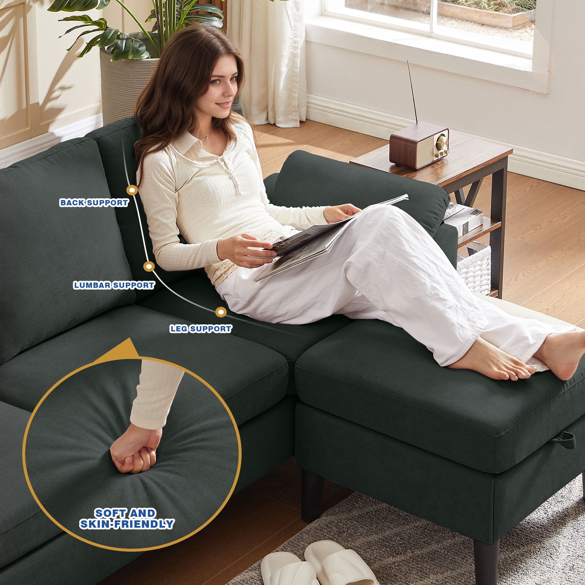 Jarenie 80 Convertible Sectional Sofa, Small L Shaped 3 Seat Couch with Reversible Storage Chaise, Modern Polyester Fabric Sofa Couches for Living Room, Apartment and Small Space, Beige