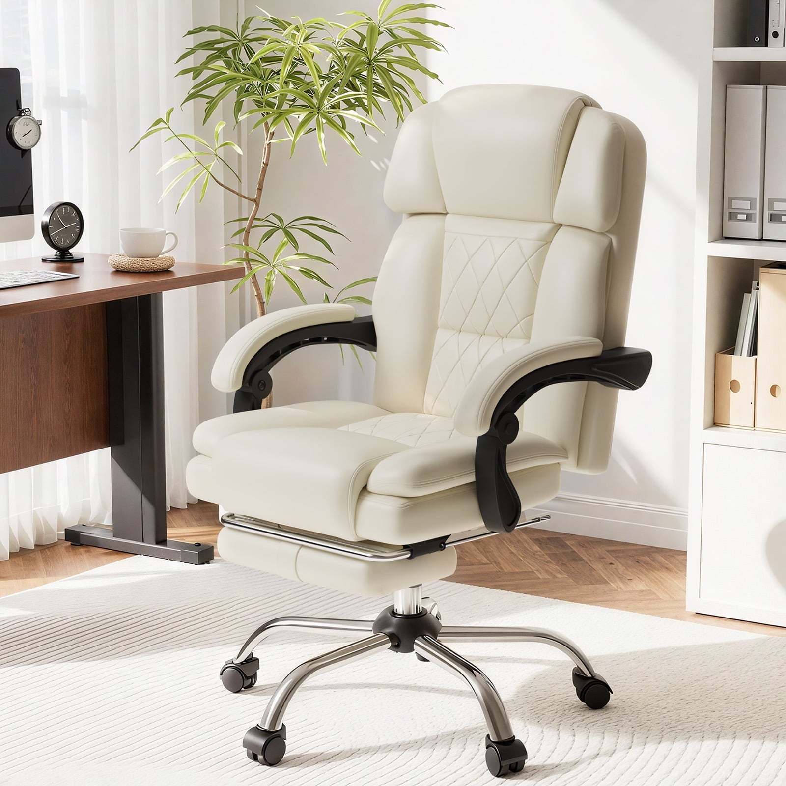 HOMREST Ergonomic Office Chair with 6-Point Massage & Heating, Adjustable Executive Desk Chair with Retractable Footrest, PU Leather Home Office Desk Chair for Home & Office (Black)