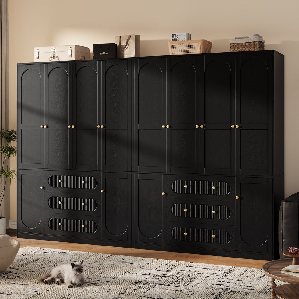 UGTOO 72H 4-Door Wardrobe Armoire with 3 Hanging Rods & 3 Drawers – Black Wooden Closet Storage Cabinet, Large Capacity Freestanding Clothes Organizer for Bedroom