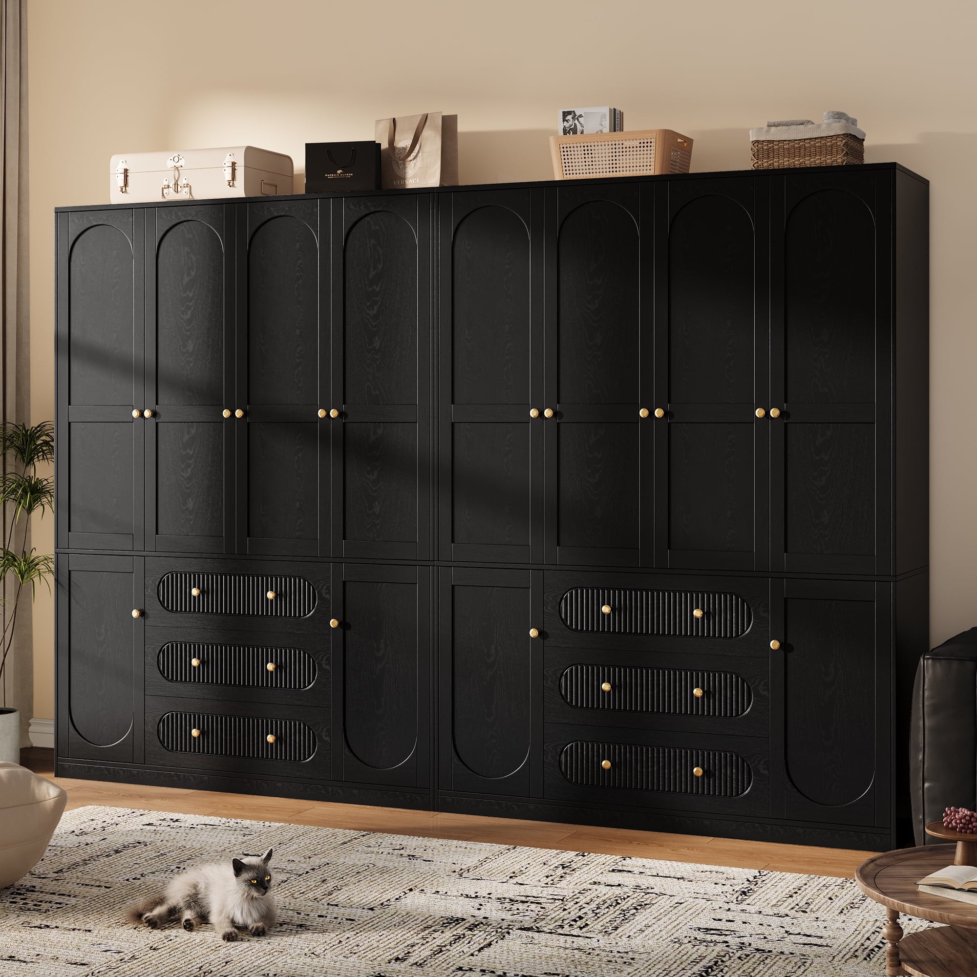 UGTOO 72H 4-Door Wardrobe Armoire with 3 Hanging Rods & 3 Drawers – Black Wooden Closet Storage Cabinet, Large Capacity Freestanding Clothes Organizer for Bedroom
