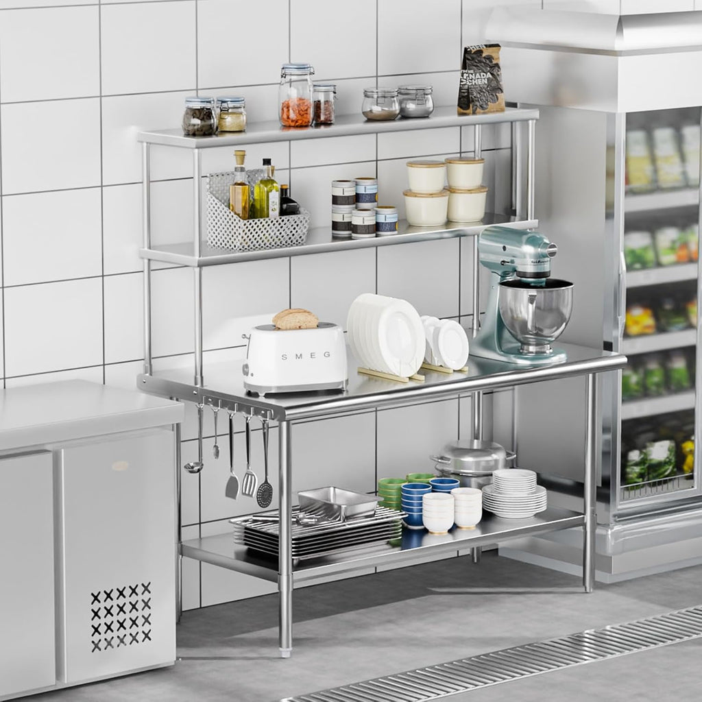 Ktaxon 72 x 30 Stainless Steel Workbench with Overshelves, NSF Commercial Heavy Duty Work Table with Adjustable Undershelf & Detachable Hooks